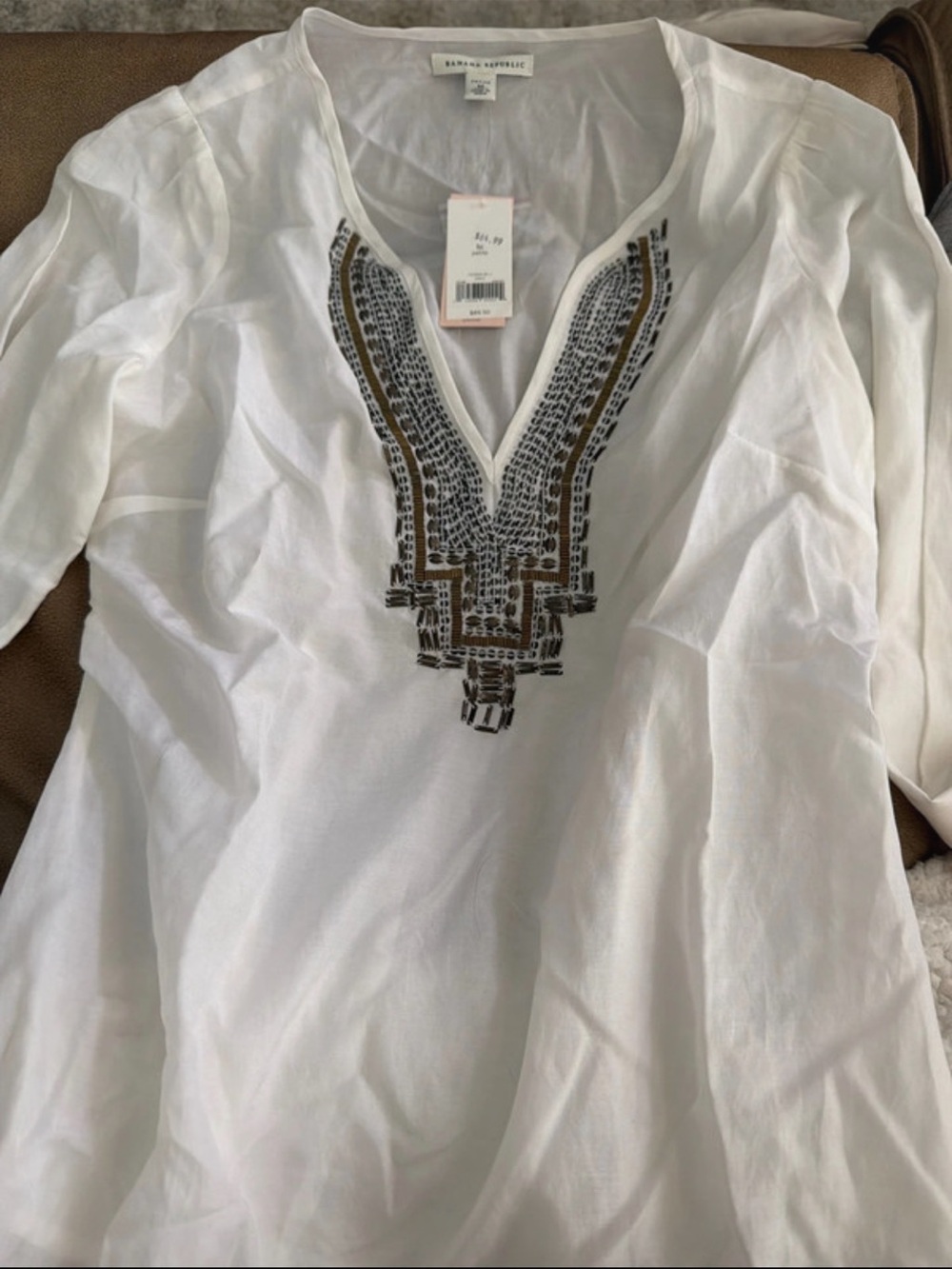 Banana Republic White Tunic with Black and Gold Embroidery